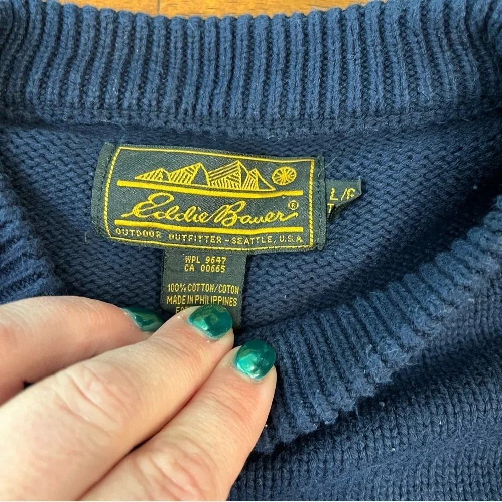 Eddie Bauer 100% cotton cable knit navy sweater size large tall - Picture 2 of 7